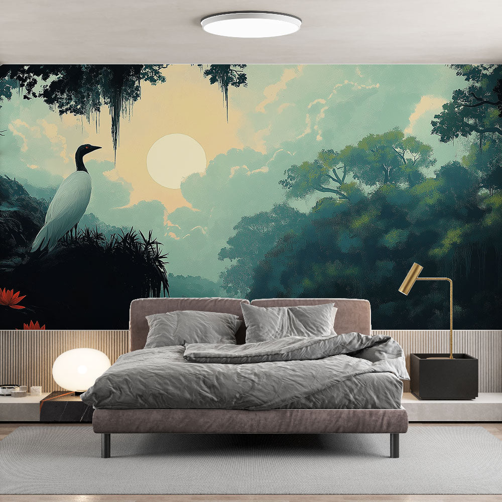 Moonlit forest lake wallpaper with heron creating a peaceful atmosphere in a modern living room setting