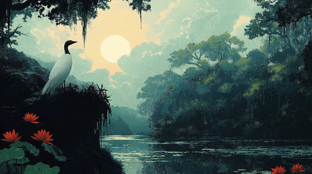 Forest lake wallpaper design file showing detailed heron and water lilies pattern