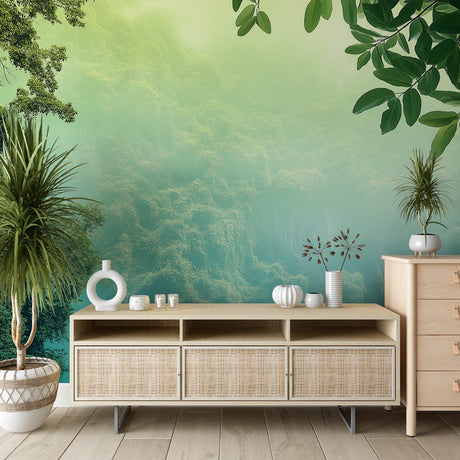 Forest lake wallpaper creating a calming atmosphere in a modern living room with natural light and minimal furniture