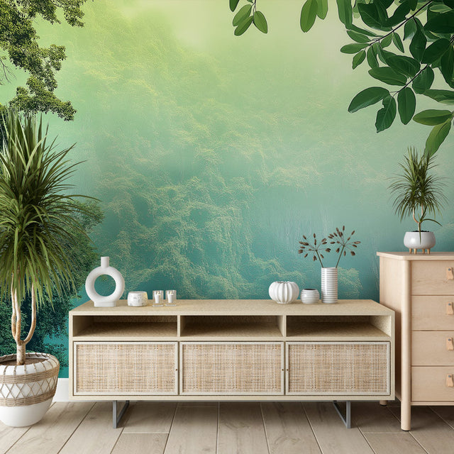 Forest lake wallpaper creating a calming atmosphere in a modern living room with natural light and minimal furniture