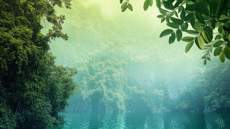 Forest lake wallpaper design file showing detailed misty green nature scene with morning lake reflection