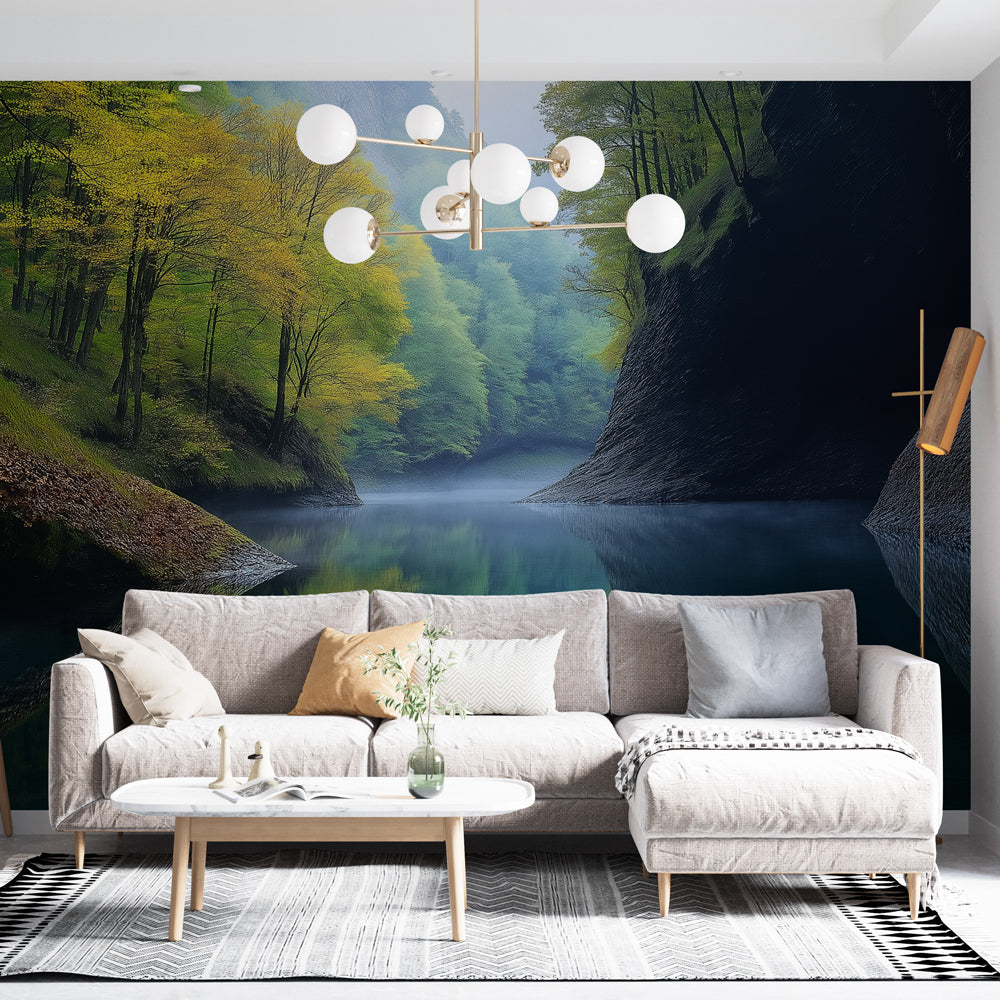 Forest Lake Mural Wallpaper creating a stunning focal point in modern living room, mountain reflection adds depth