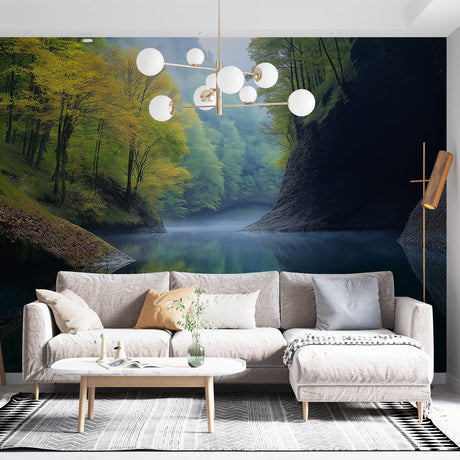 Forest Lake Mural Wallpaper creating a stunning focal point in modern living room, mountain reflection adds depth