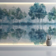 Forest Lake Mural Wallpaper creating depth in modern living room, misty trees reflected in still waters