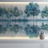 Forest Lake Mural Wallpaper creating depth in modern living room, misty trees reflected in still waters