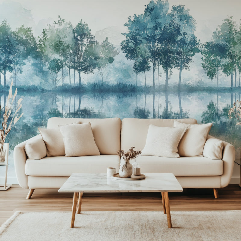 Home office with Forest Lake Mural showing misty morning lake scene