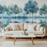 Home office with Forest Lake Mural showing misty morning lake scene