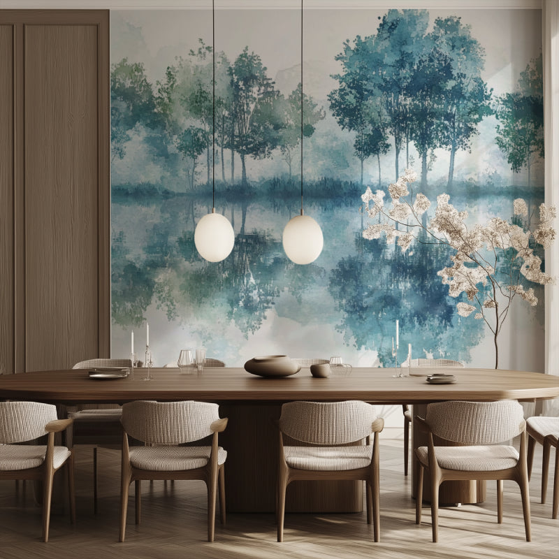 Dining room transformed by Lake Forest Wallpaper with tree reflections