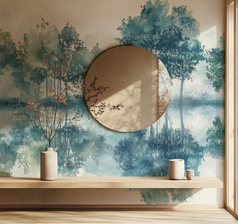 Meditation room featuring calming Forest Lake Mural with water mirror effect