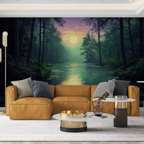 Forest Lake Wallpaper creating depth in a modern living room, purple and green reflections add serenity to the space