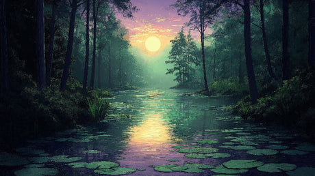 Forest Lake Wallpaper design file showing detailed sunset reflection pattern with lily pads and evergreen trees