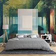 Modern geometric forest wallpaper creating depth in a minimalist living room with natural light highlighting the abstract patterns