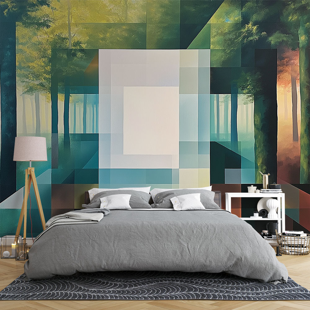 Modern geometric forest wallpaper creating depth in a minimalist living room with natural light highlighting the abstract patterns