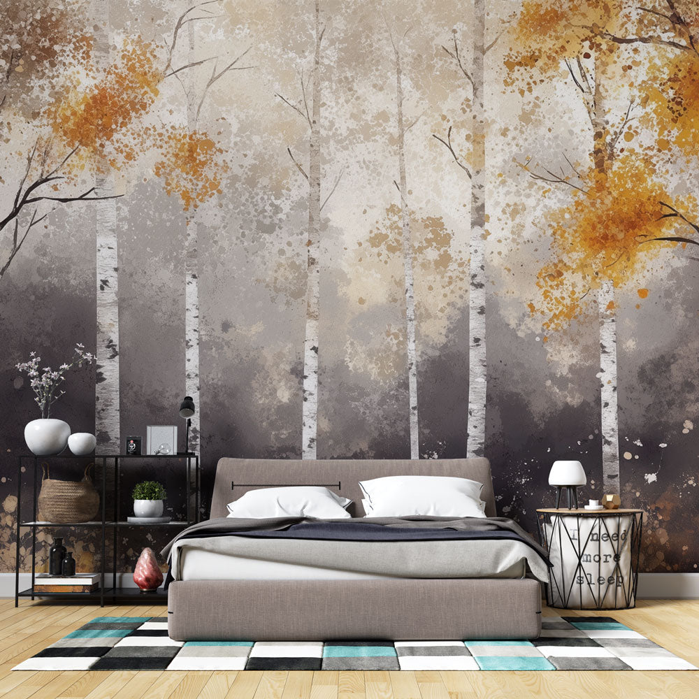 Forest Mural Wallpaper with autumn birch trees creating a cozy atmosphere in a modern living room setting