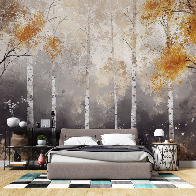 Forest Mural Wallpaper with autumn birch trees creating a cozy atmosphere in a modern living room setting