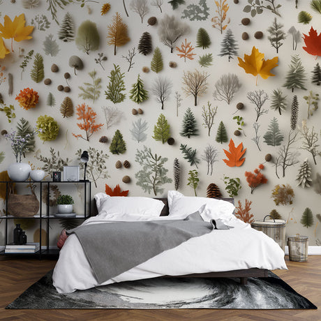 Forest mural wallpaper with autumn botanicals creating a cozy atmosphere in a modern living room
