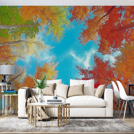 Forest canopy wallpaper creating a dramatic ceiling effect in a modern living room, showing autumn colors and blue sky