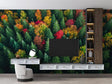 Forest wallpaper mural in modern living room, showing aerial autumn colors view creating depth and warmth