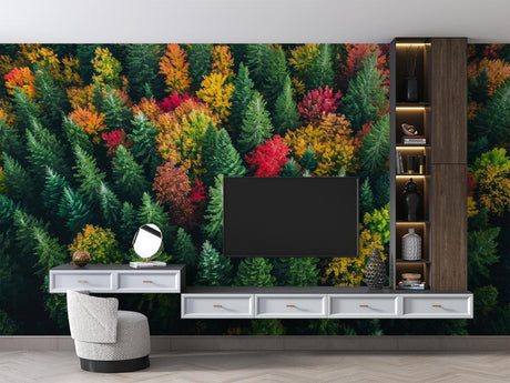 Forest wallpaper mural in modern living room, showing aerial autumn colors view creating depth and warmth