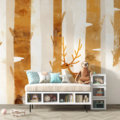Woodland deer wallpaper in a cozy nursery with natural light showing white birch trees and gentle autumn colors