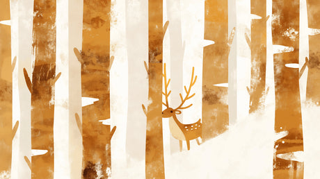 Forest wall mural with deer in modern living room showing scale and autumn tones