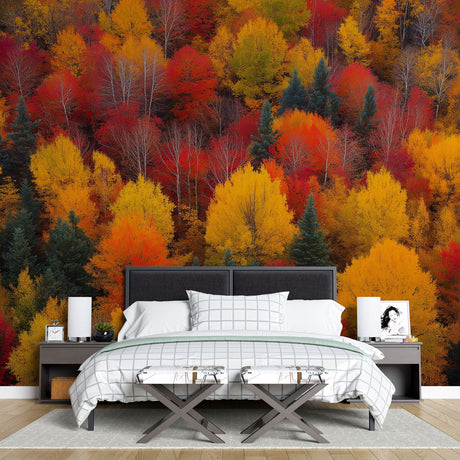 Autumn Forest Wallpaper creating a cozy atmosphere in a modern living room with red and gold fall colors