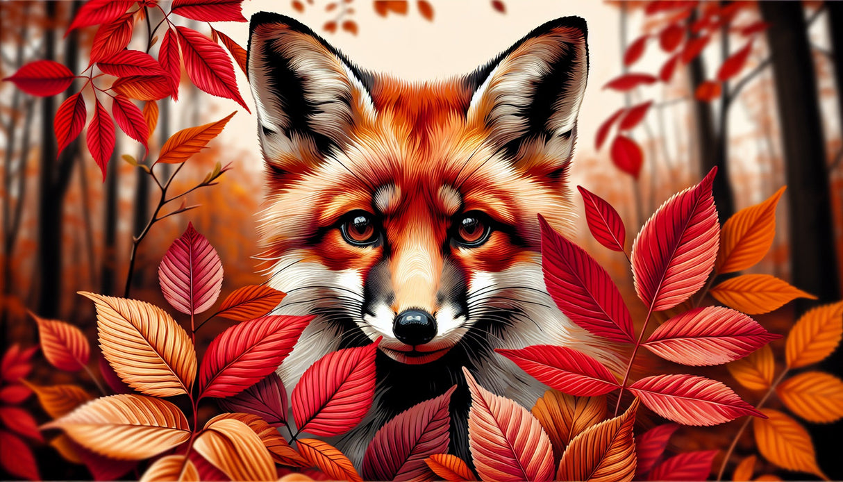 Forest Mural Wallpaper design file showing detailed fox portrait with red autumn leaves pattern