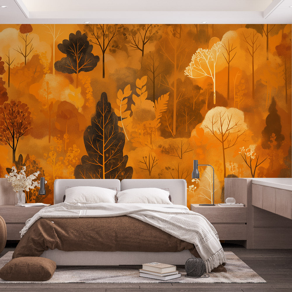 Autumn forest wallpaper in modern living room showing golden trees and warm light effects