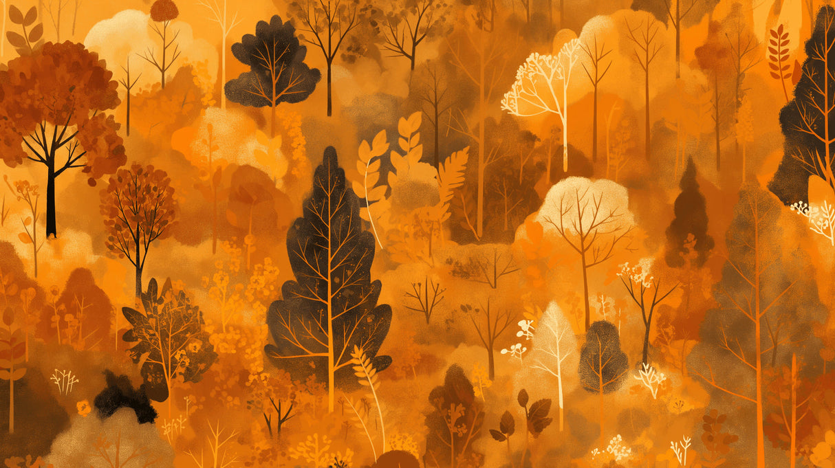 Golden forest mural wallpaper creating cozy atmosphere in bedroom setting