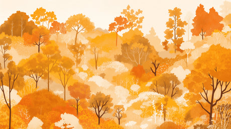 Autumn forest wallpaper creating a warm atmosphere in a modern living room with golden tree detail