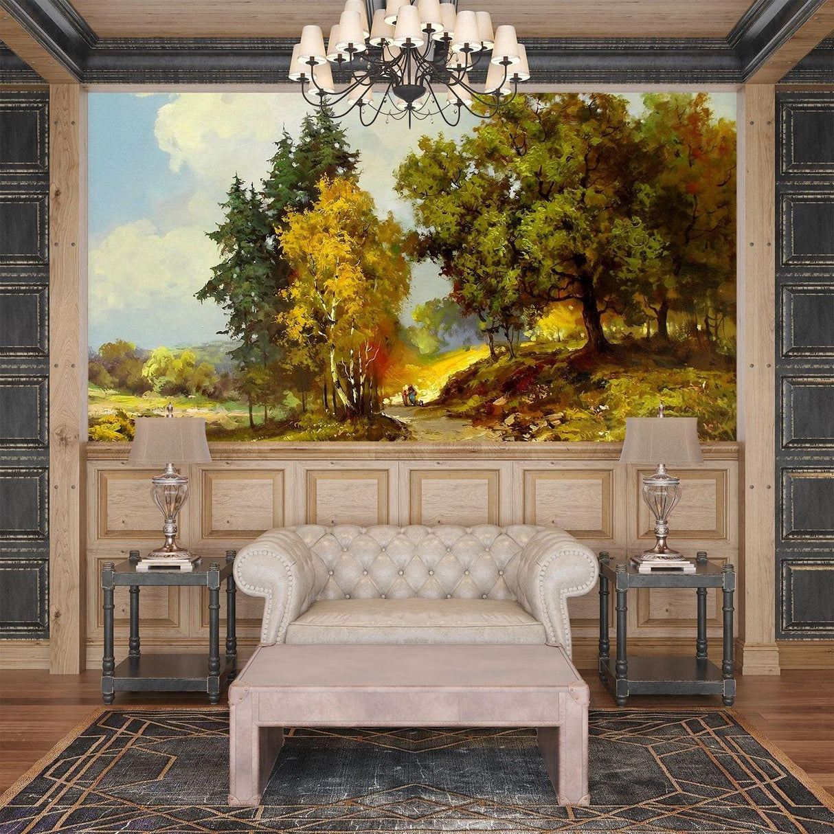 Woodland wallpaper with golden path in cozy bedroom setting