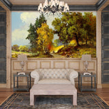 Woodland wallpaper with golden path in cozy bedroom setting