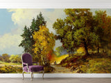 Forest landscape mural in dining room with natural light