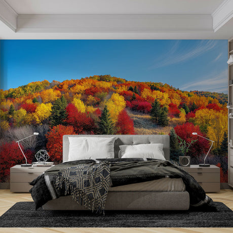 Mountain forest wallpaper with fall colors showcased in a modern living room, creating a warm and inviting atmosphere
