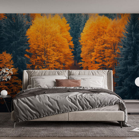 Autumn forest wallpaper creating a cozy atmosphere in a modern living room, orange trees path mural adding warmth