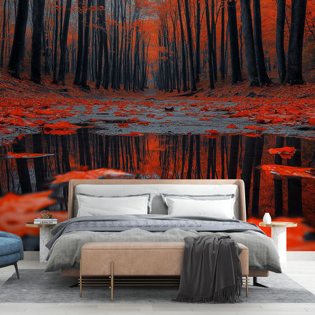 Red forest reflection wallpaper creating depth in a modern living room with minimal furniture