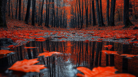 Autumn forest reflection design file showing detailed red foliage and mirror water effect