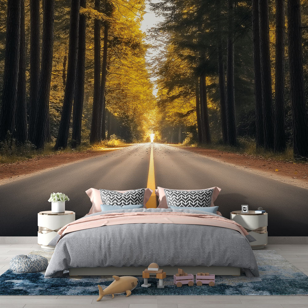 Forest wallpaper mural in modern living room showing golden autumn trees and path creating depth