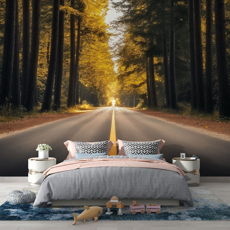Forest wallpaper mural in modern living room showing golden autumn trees and path creating depth