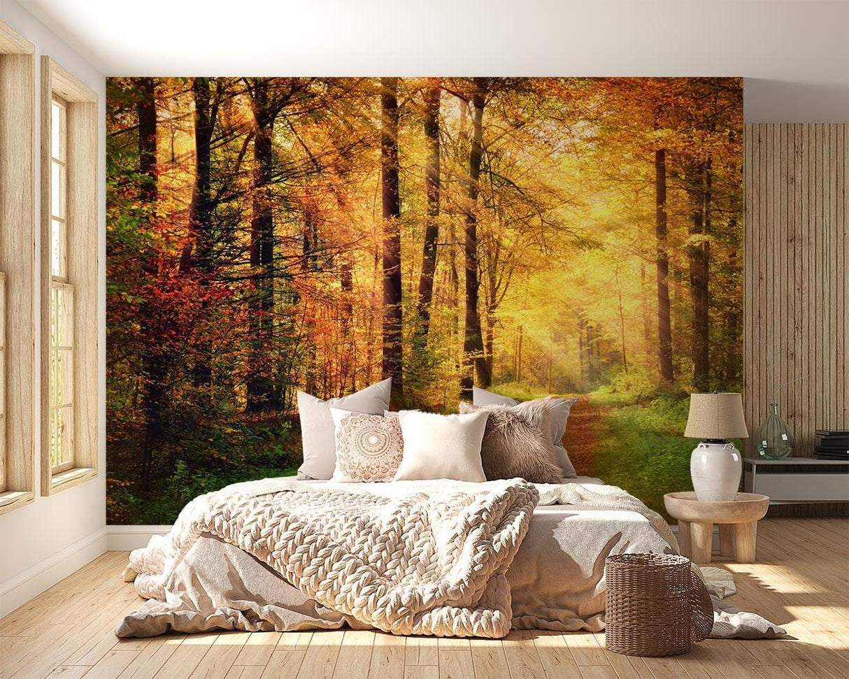 Autumn forest wall mural creating depth in modern bedroom with natural light