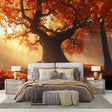 Forest mural wallpaper in modern living room showing autumn tree with golden sunlight creating warm, inviting atmosphere