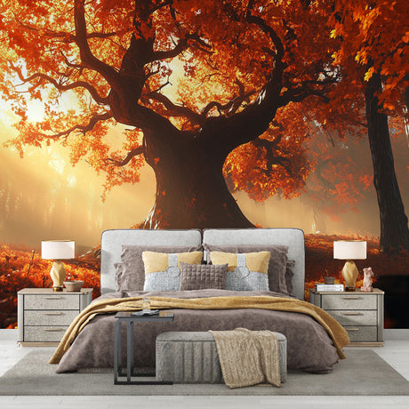 Forest mural wallpaper in modern living room showing autumn tree with golden sunlight creating warm, inviting atmosphere