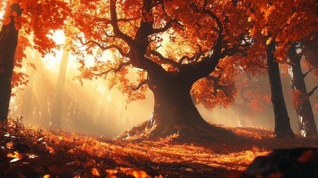 Autumn forest wallpaper design file showing detailed tree pattern with golden light and morning mist