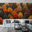Autumn Forest Wallpaper creates warm atmosphere in modern living room with red and gold aerial tree canopy view