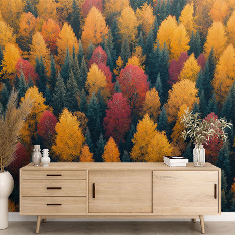 Autumn Forest Mural Wallpaper showcasing warm fall colors in a modern living room with high ceilings and natural light