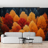 Autumn Forest Wallpaper creating a warm atmosphere in a modern living room with red and golden leaves