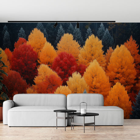 Autumn Forest Wallpaper creating a warm atmosphere in a modern living room with red and golden leaves