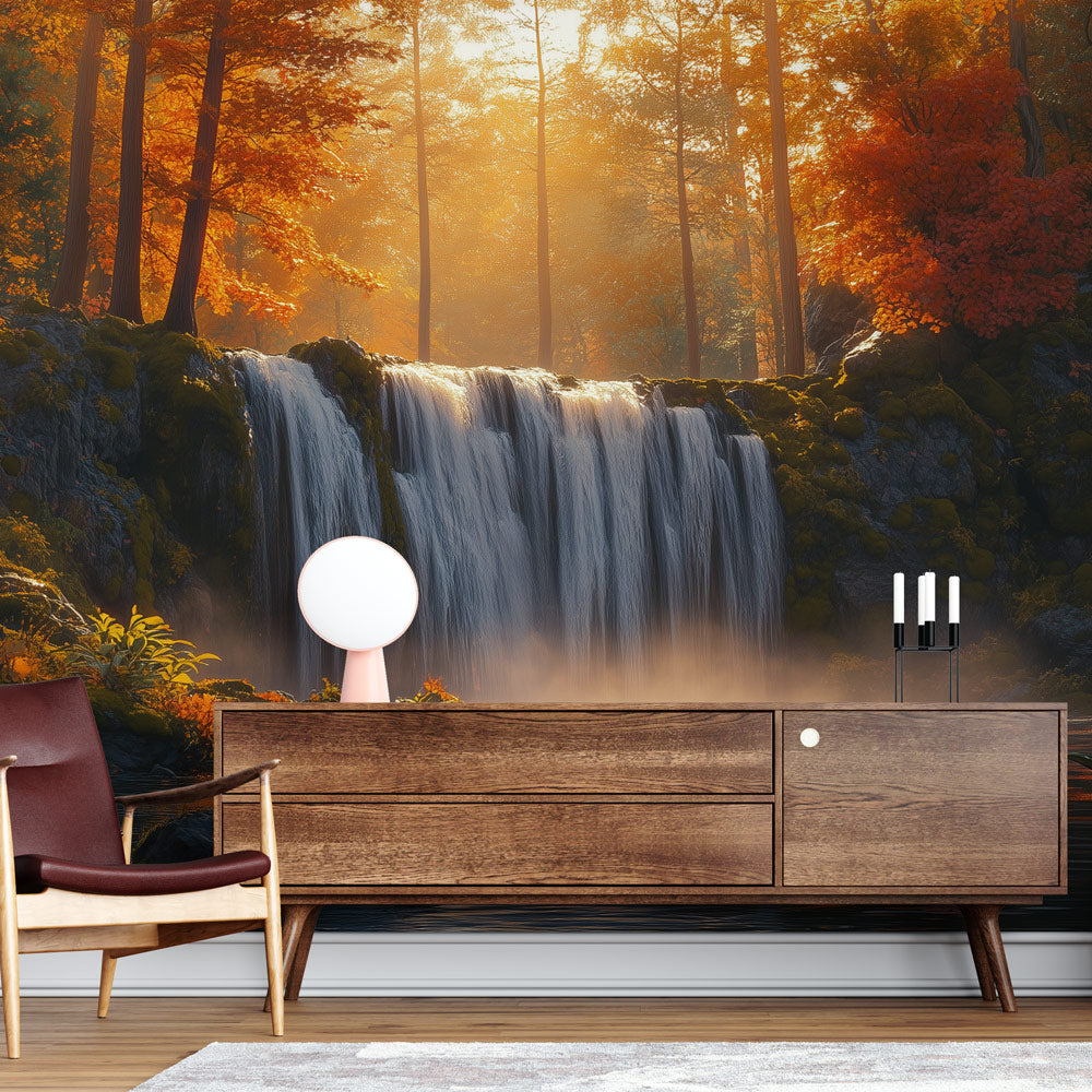Forest waterfall wallpaper creating depth in a modern living room, warm sunset tones complement contemporary furniture