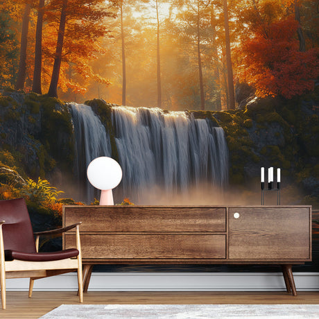 Forest waterfall wallpaper creating depth in a modern living room, warm sunset tones complement contemporary furniture