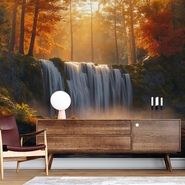Forest waterfall wallpaper creating depth in a modern living room, warm sunset tones complement contemporary furniture